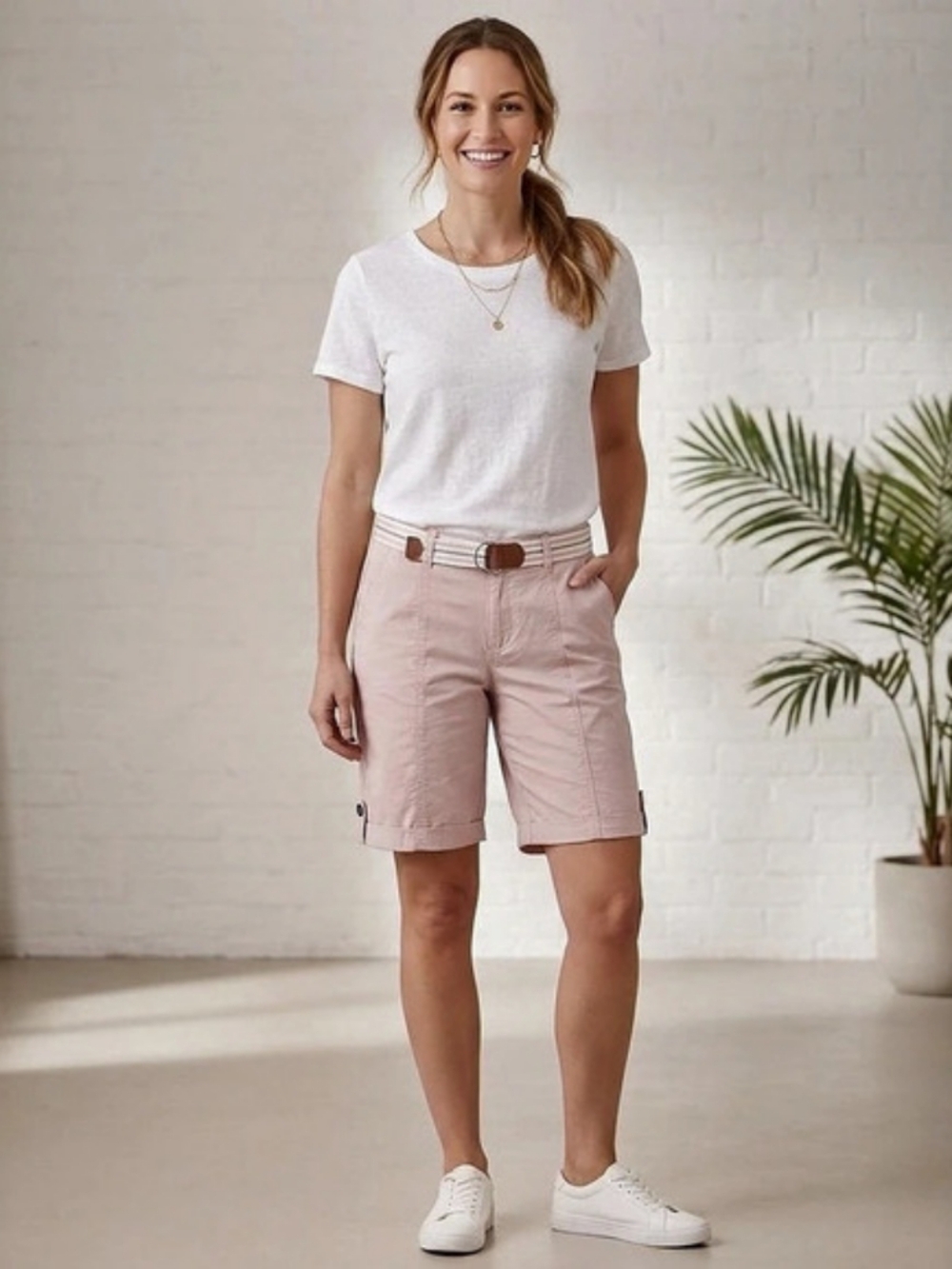 NWT Simon Chang Belted Roll-Up Bermuda Chino Shorts Pink Size 12